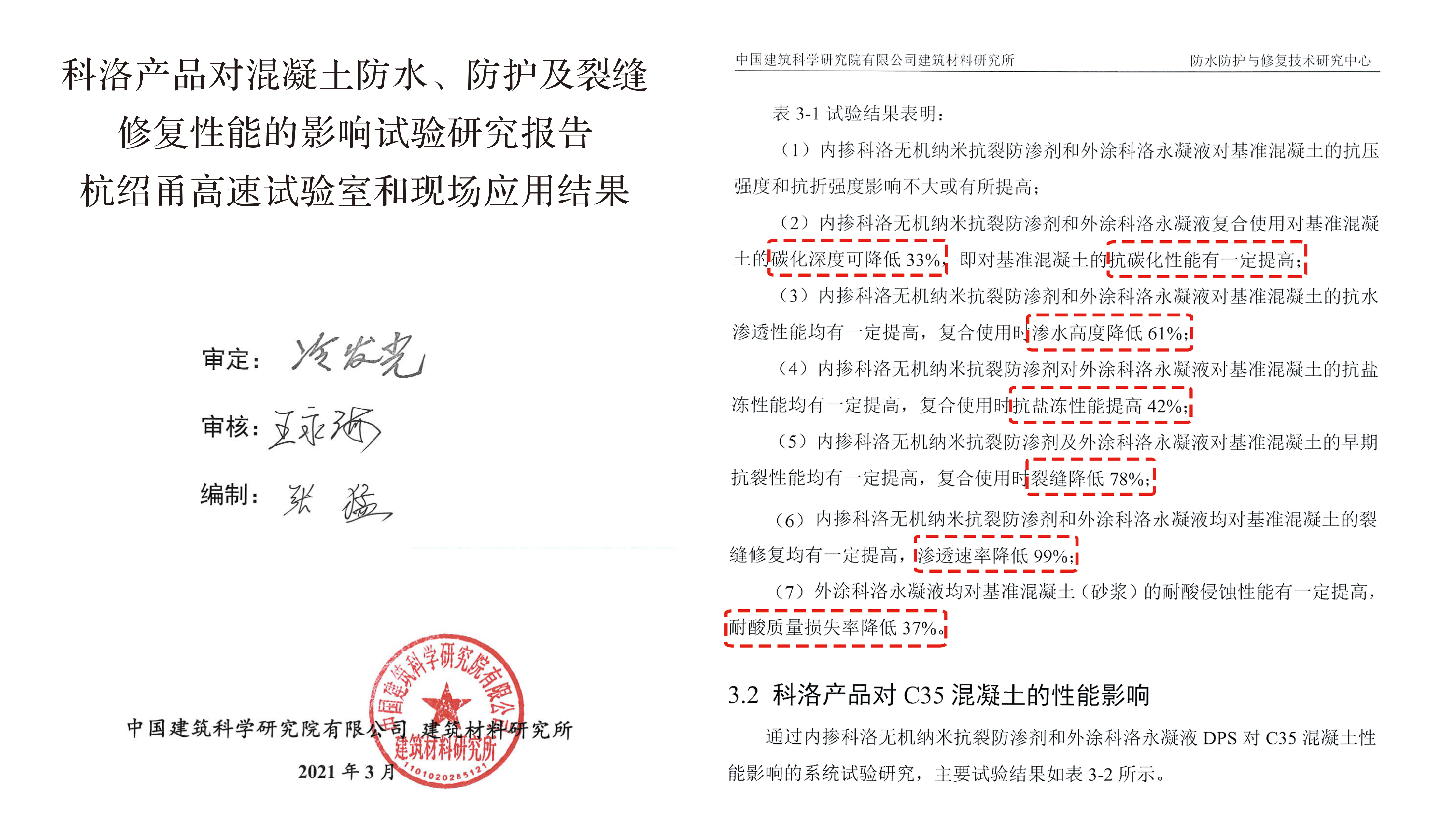 科洛產(chǎn)品對混凝土防水防護及裂縫修復(fù)性能的影響實驗報告